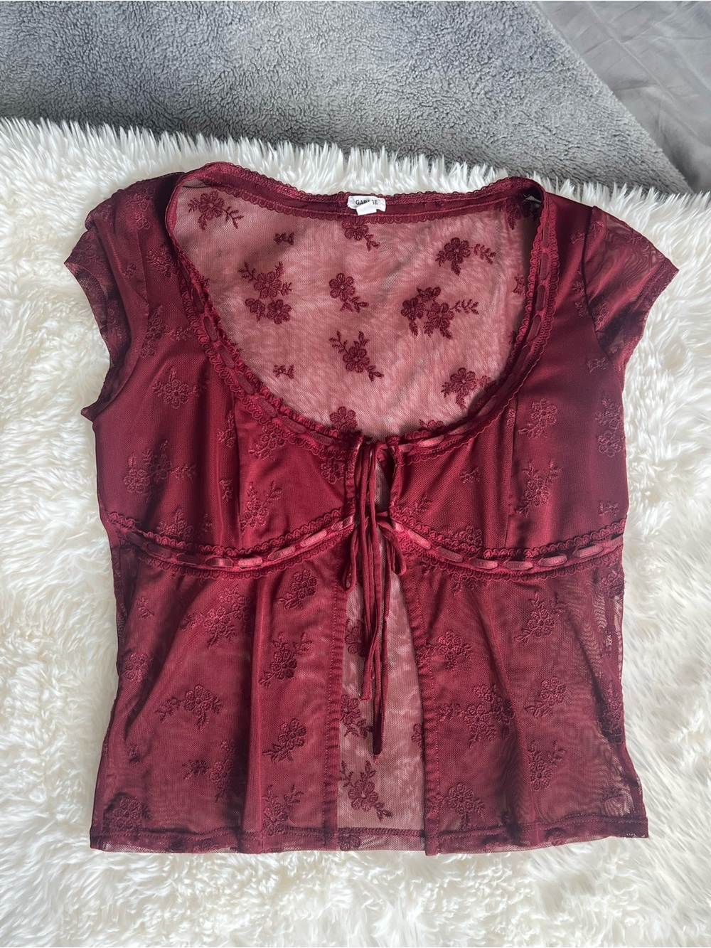 Garage Sheer Burgundy Floral Tie-Front Top
